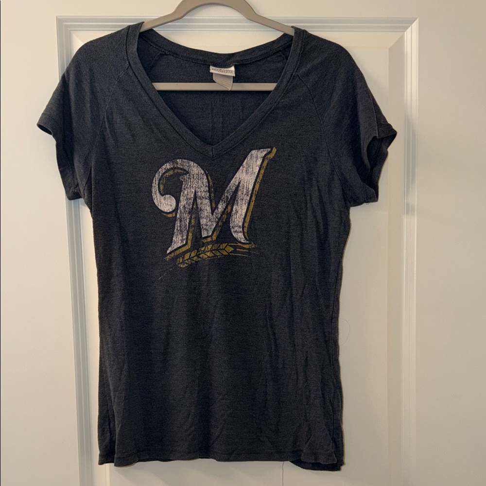 Women's navy V-Neck Graphic Tee.